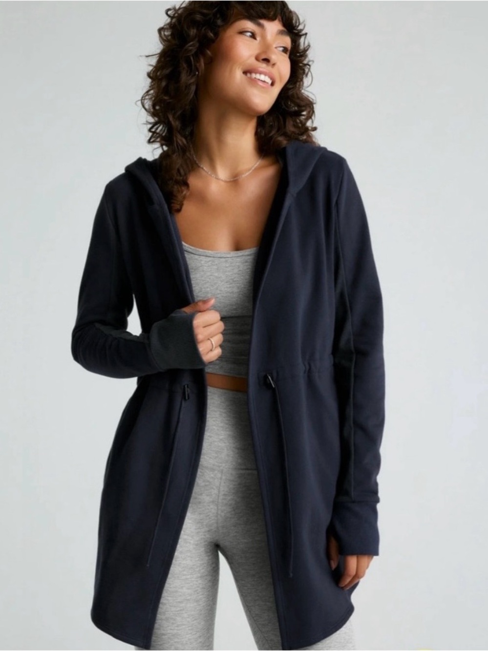 Beyond Yoga On the Go Open Front Hooded Jacket, Navy Blue, Medium